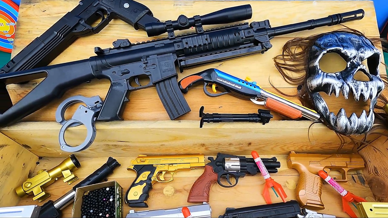 Безумный набор игрушечного оружия! Распаковка винтовки M4, снайперской винтовки, золотых пистолет...