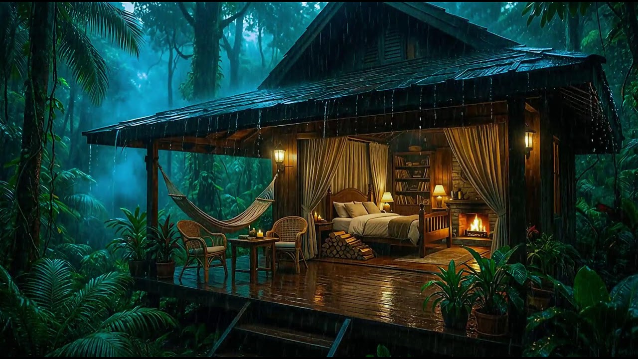 All Night  Fireplace Rain Sound
