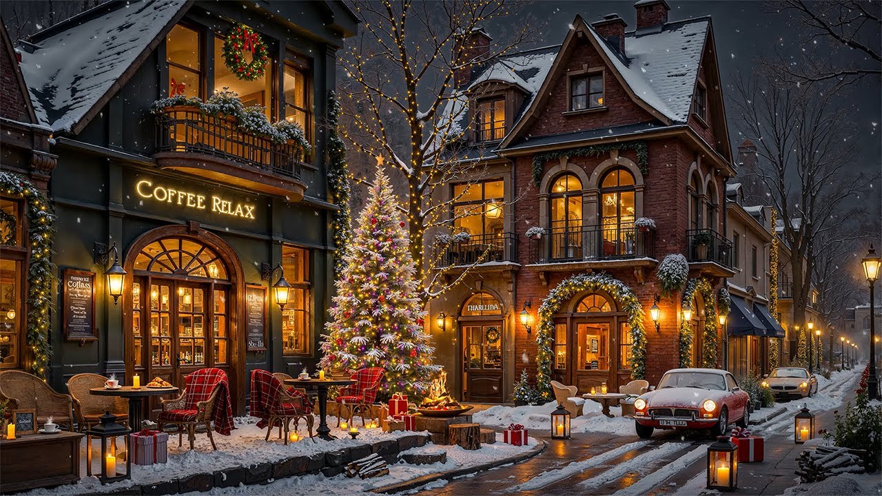 Cozy Coffee Shop Christmas Ambience & Crackling Fireplace 🎄 Smooth Christmas Jazz Music for Unwind