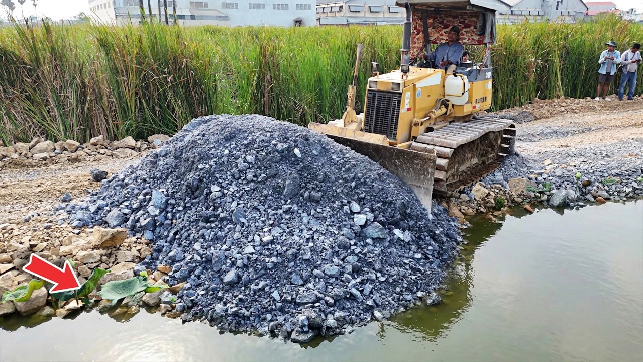 Excellent New Work! Pouring Rock fill flooded land by Truck Team with KOMATSU Bulldozer