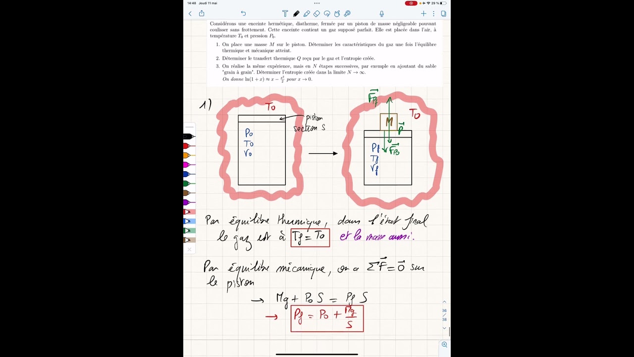 Correction d’un exercice de thermodynamique sur le second principe : masse sur piston