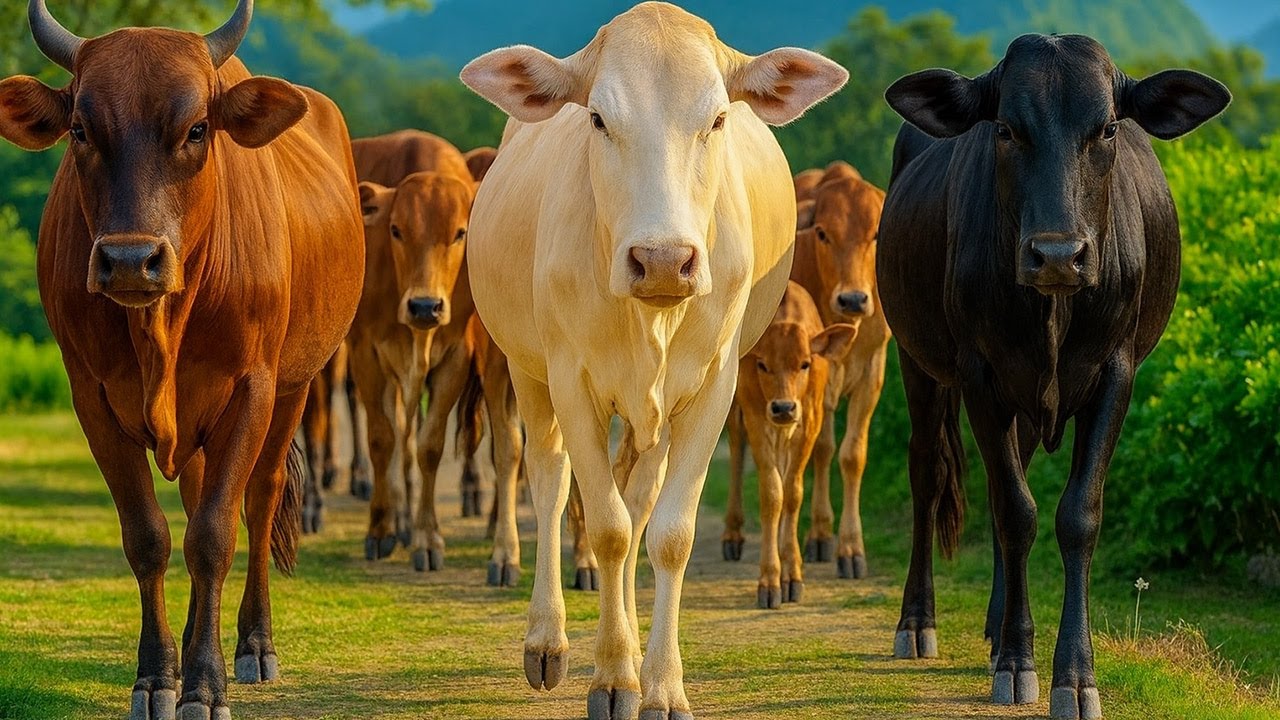 Aktivitas Sapi Lucu Berjalan menuju ladang rumput hijau, Suara Sapi Moo, Sapi gemuk dan sehat