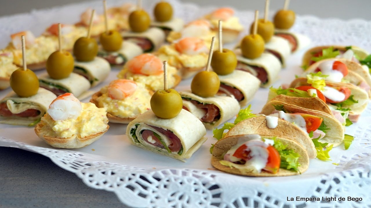 Canapes Variados. Mini Tacos, Tartaletas y Rollitos. Receta fácil con Tortillas de Trigo.