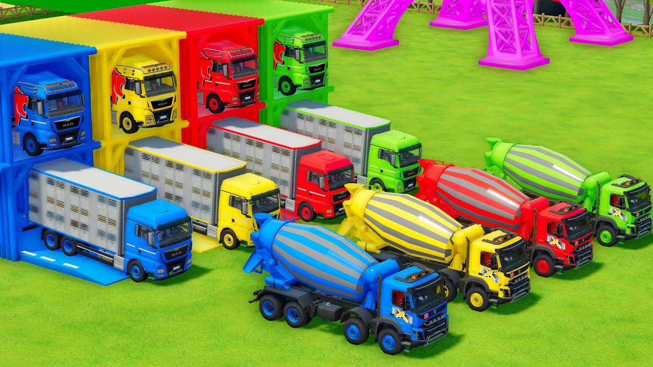 Garage with Colors - ALL MIXER TRUCK WITH DOUBLE FLATBED TRAILER TRUCK, MAN, VOLVO - FS22
