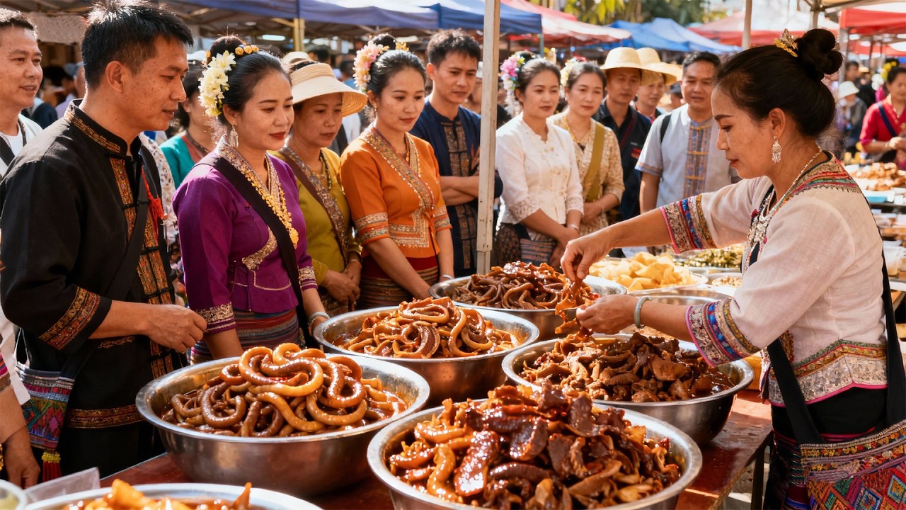 中国与缅甸边境大市场，西双版纳街头美食，鲜活的竹虫与蜂蛹多人抢购，油炸昆虫焦香酥脆，傣族风味炸猪皮，傣味舂鸡脚，越南小卷粉，油炝猪血管，泰国巴拉达，扣肉与猪肘，香茅草烤鱼等等，各种傣族美食一定不要错过