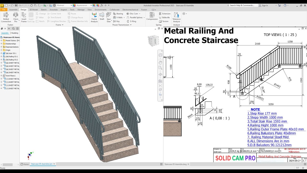Проектирование лестницы с металлическими перилами от Autodesk Inventor. Упражнение 65.