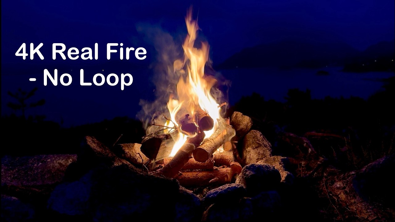 TV Fireplace 4K - Real Night Campfire with Crackling Sound by Norwegian Coast, No Loop, Cabin Lights