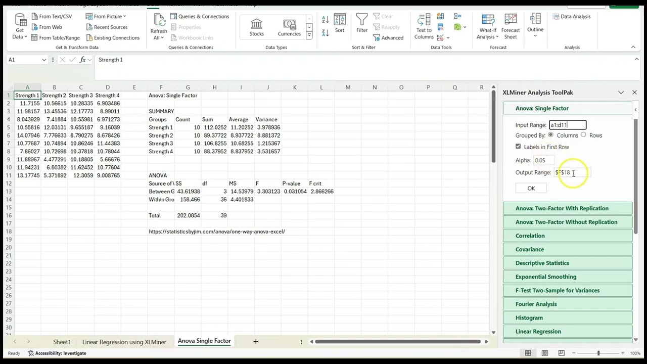 Anova Single Factor using Excel XLMiner
