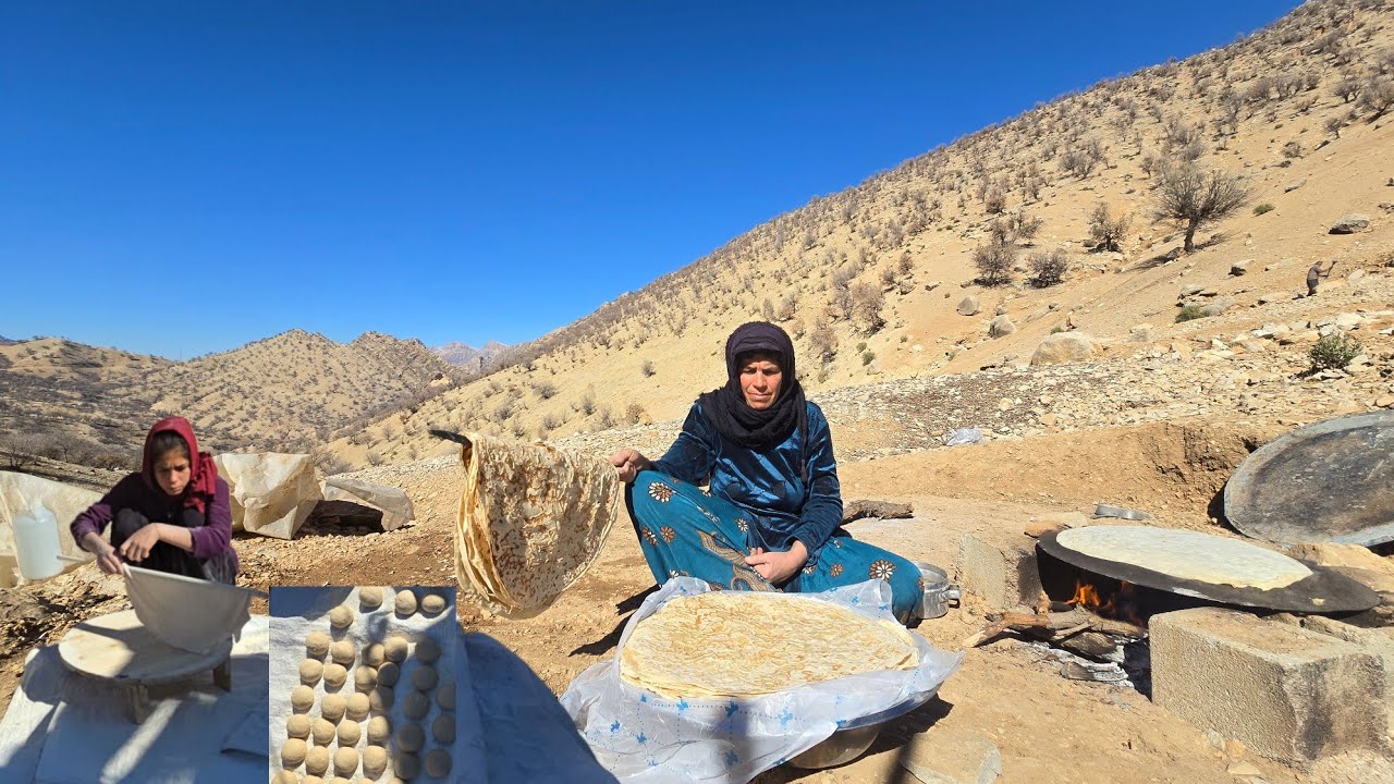 Nomadic life in the Zagros Mountains | Baking local bread over a wood fire by nomadic women