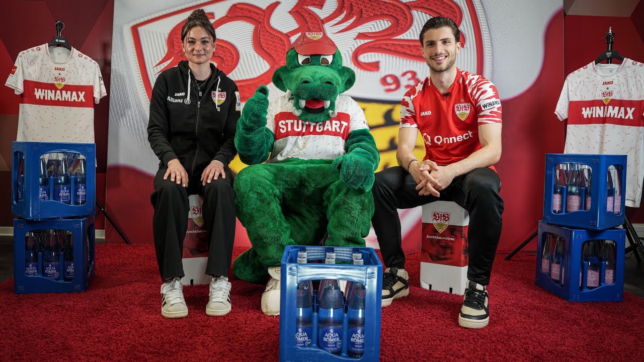 Trinkpause mit Leonidas Stergiou und Svea Fleischmann (VfB Frauen) &ndash; powered by Aqua R&ouml;mer Quelle