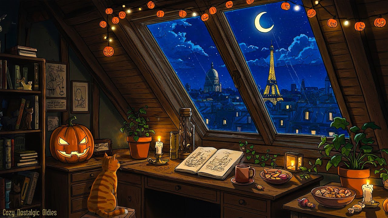 it's autumn 1950's and you're listening to vintage music on a cozy rainy night (halloween ambience)