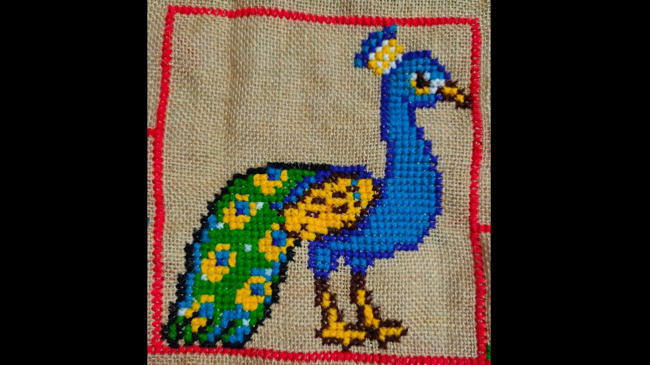 Cross stitch peacock 🦚 Asan design on jute mate/table mat design/peacock 🦚 Asan design/Door mat