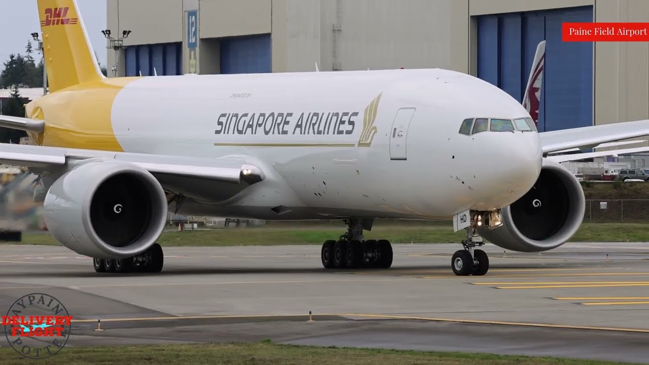 Singapore Airlines DHL 777F Delivery Flight Takeoff From PAE Includes Engine Start Up