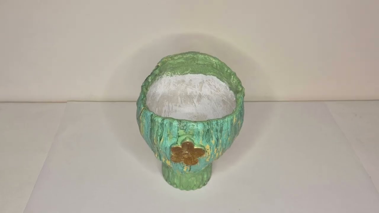 Concrete Balloon Pot with a Gold Leaf Flower & a Base
