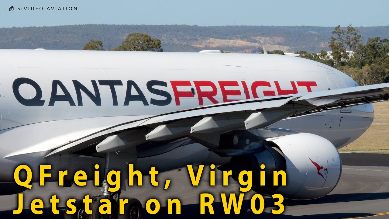 Qantas Freight (VH-EBE), Virgin (VH-YFU) & (VH-NQI) & Jetstar (VH-OYK) on RW03 at Perth Airport.