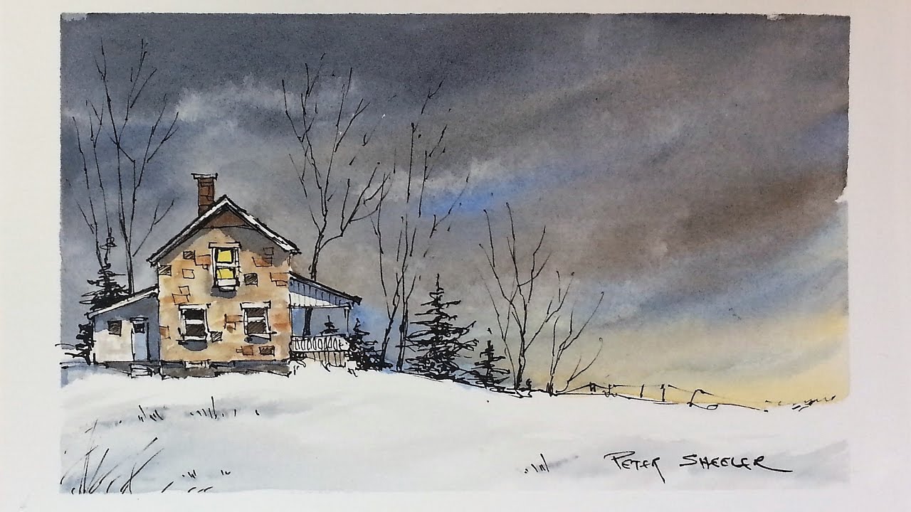 Line and Wash Watercolor. Dramatic nighttime sky. Simple, fun and easy. Peter Sheeler