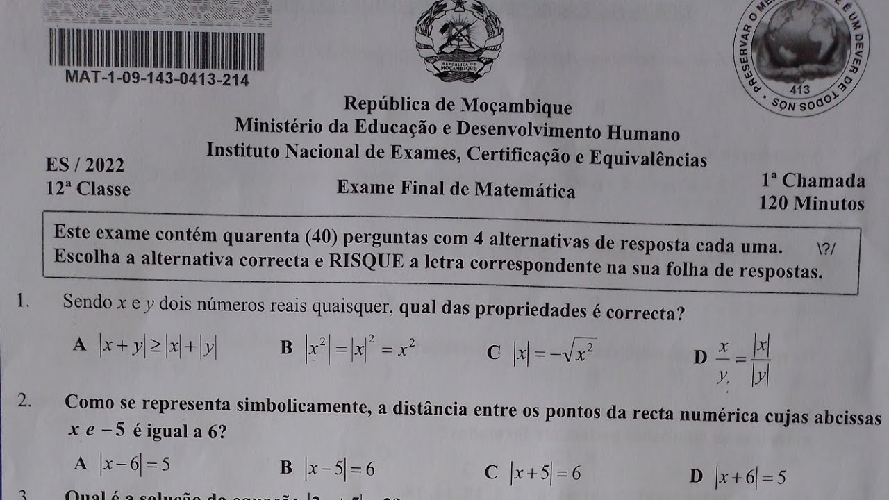 RESOLUÇÃO DE EXAME FINAL DE MATEMÁTICA 1ª CHAMADA 2022, PARTE 1.