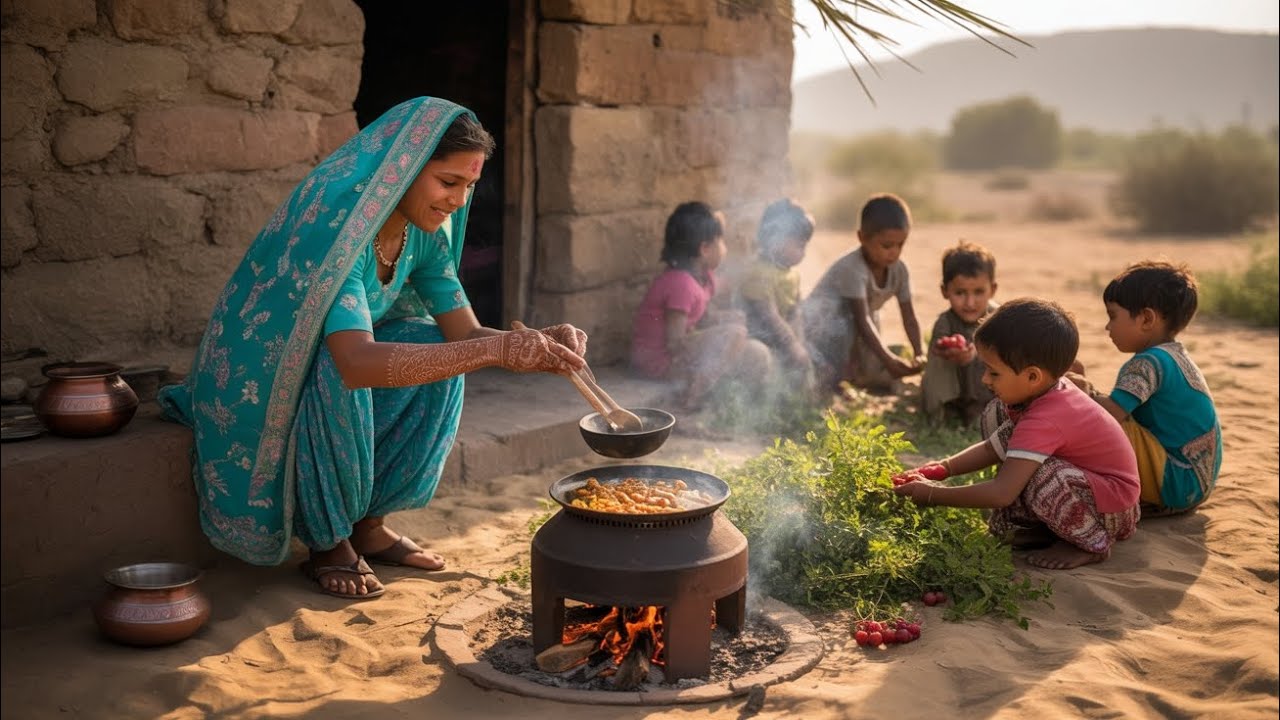 Desert Life Cooking: Village Woman Prepares Meal as Children Help Harvest 🌾🔥