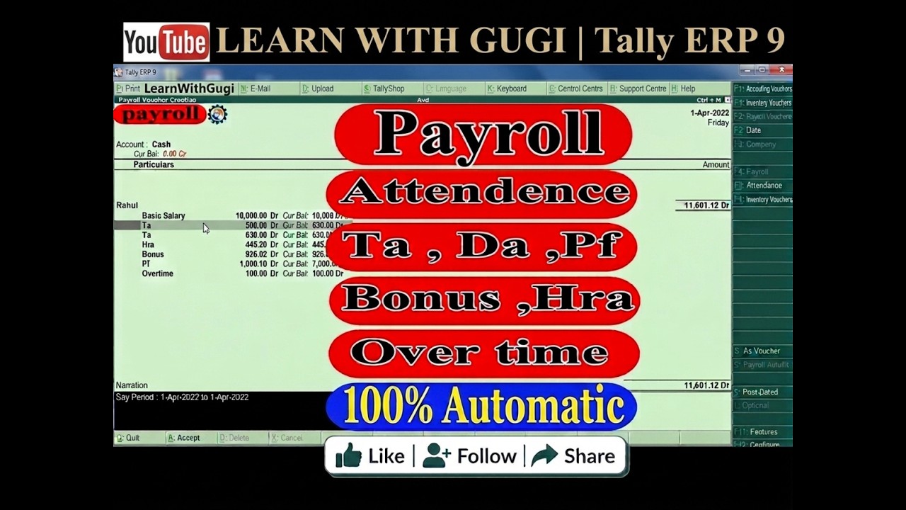 Payroll Voucher in Tally ERP 9 Hindi | (HINDI) #learnwithgugi #tally