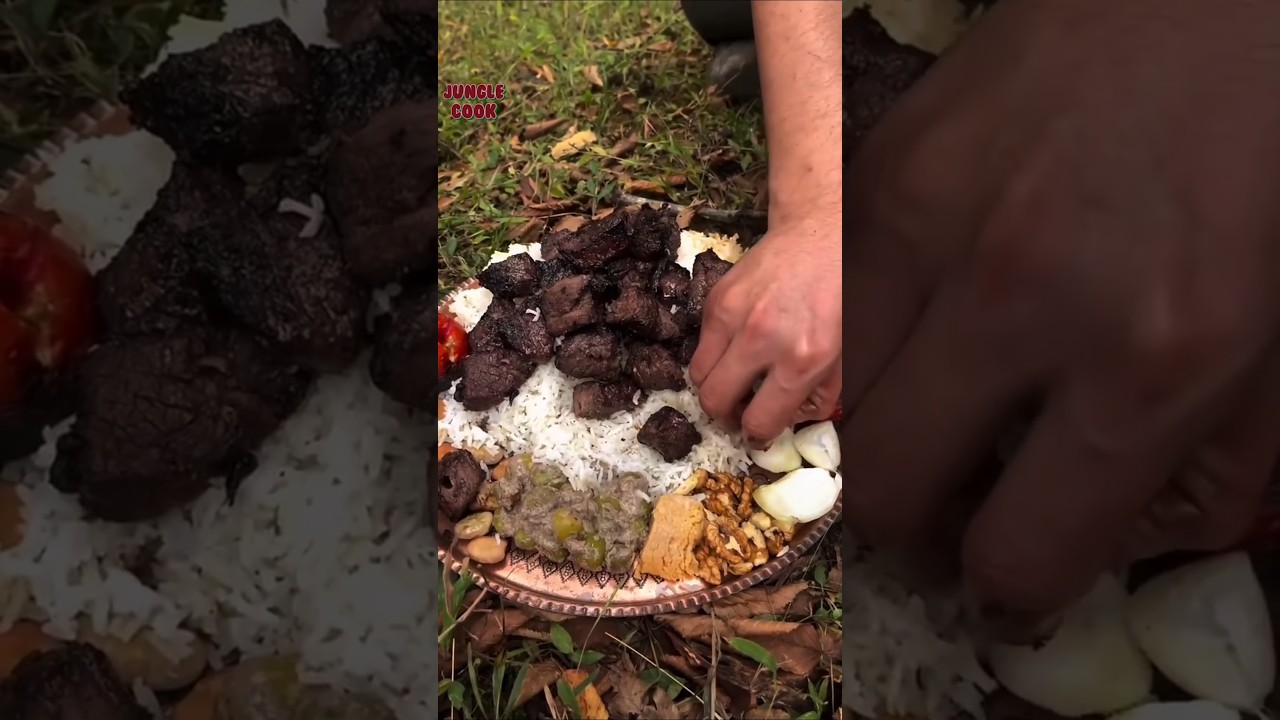 Amazing beef grill (kebab) with rice : ASMR forest cooking
