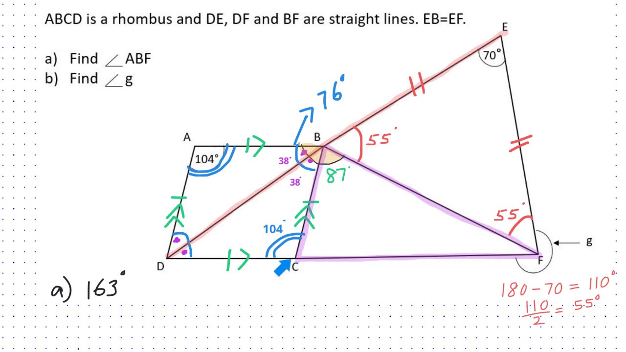 Singapore PSLE Math practice question - Finding unknown angles in geometric figures.