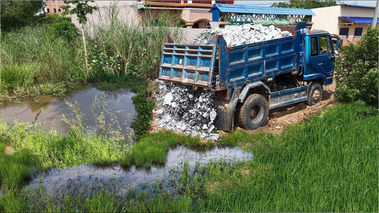 Perfectly Started New Project!Repair Road Flood Area Trucks Loading Stone, Expert tech Skill Pushing
