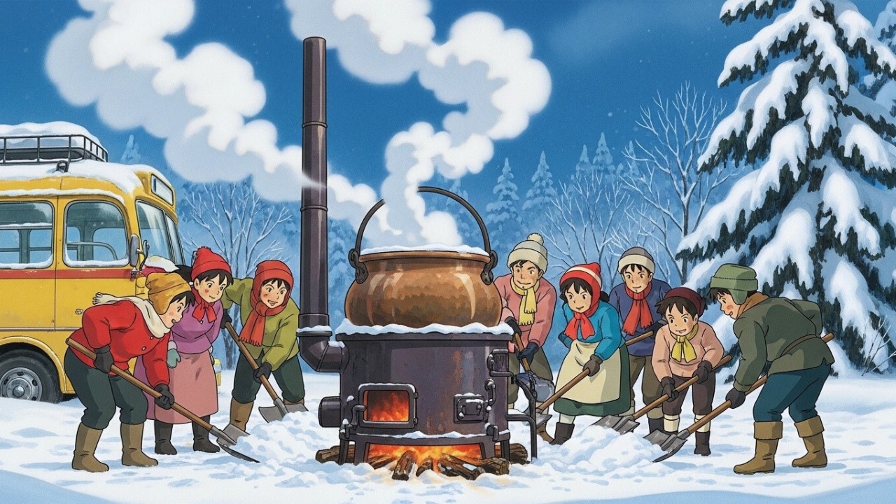 Gemütlicher Winter in einem Schnee Bus und Kaminfeuer ASMR | Ghibli Stil