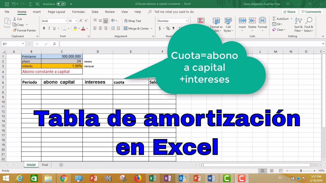 Tabla de amortización en Excel con abono a capital constante