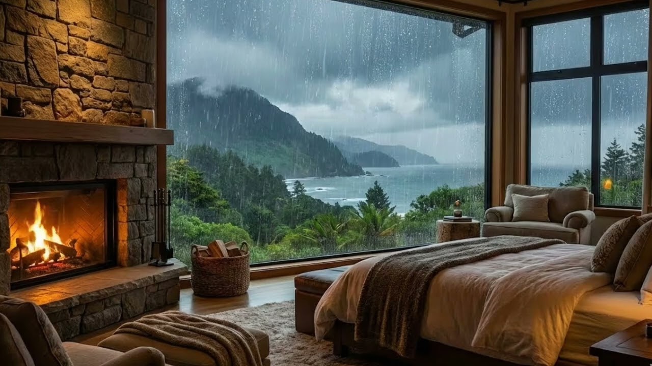 Cozy Bedroom with Fireplace & Rainy Ocean View | Deep Sleep Ambience