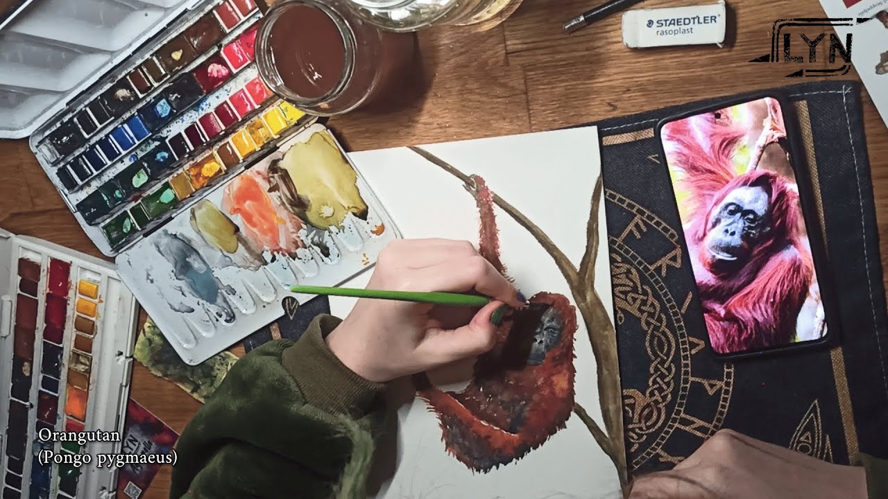 Painting my very first Orangutan! That is so difficult... #watercolorpainting #animalportraits