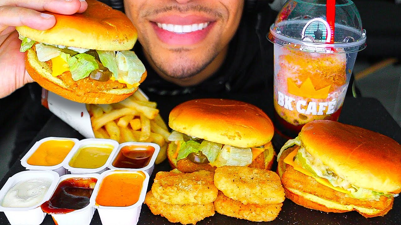 ASMR BURGER KING CHICKEN NUGGETS FISH SANDWICHES WITH CHEESE FROZEN COKE FRIES MUKBANG EATING SHOW