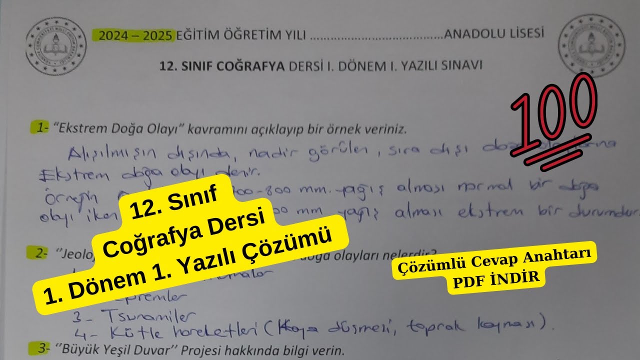 12. Sınıf Coğrafya Yazılı Çözümü 1. dönem 1.yazılı örneği