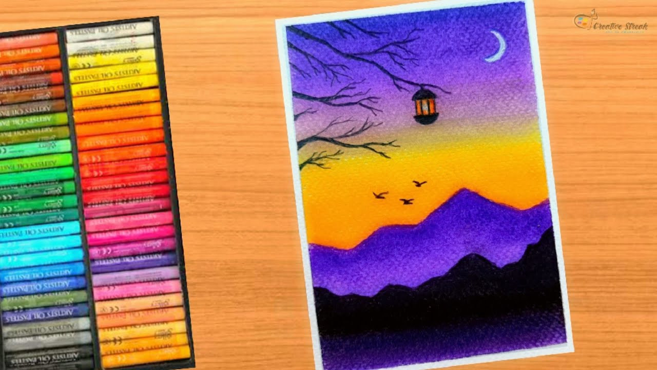 Oil Pastel Drawing - Beautiful Moonlight Scenery | Step By Step | Drawing For Beginners |