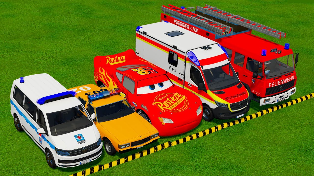 VOLKSWAGEN, MCQUEEN, DACIA POLICE CARS & MERCEDES FIRE TRUCK VEHICLES TRANSPORTING ! FS22