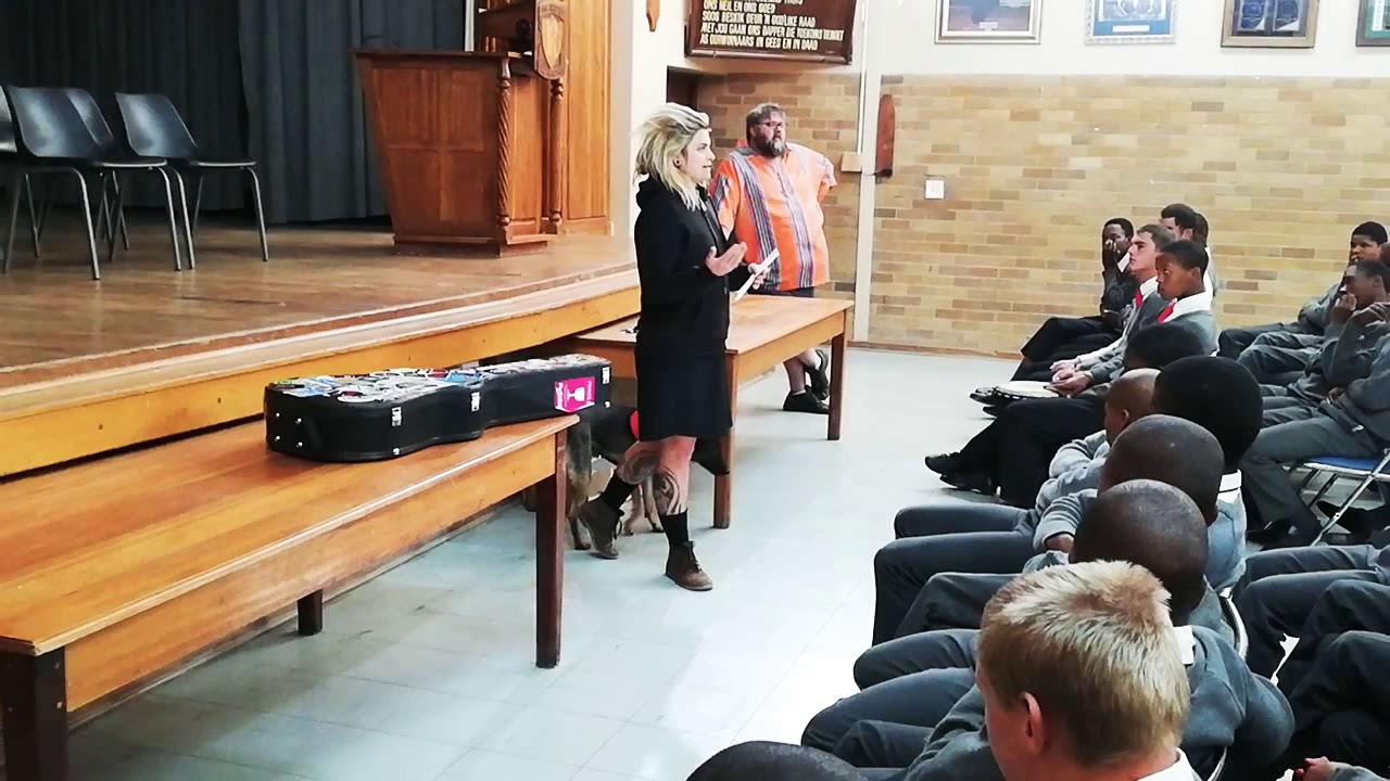Ann Jangle talks at Jimmy Roos Dam boys school Freestate - African Dream Parade