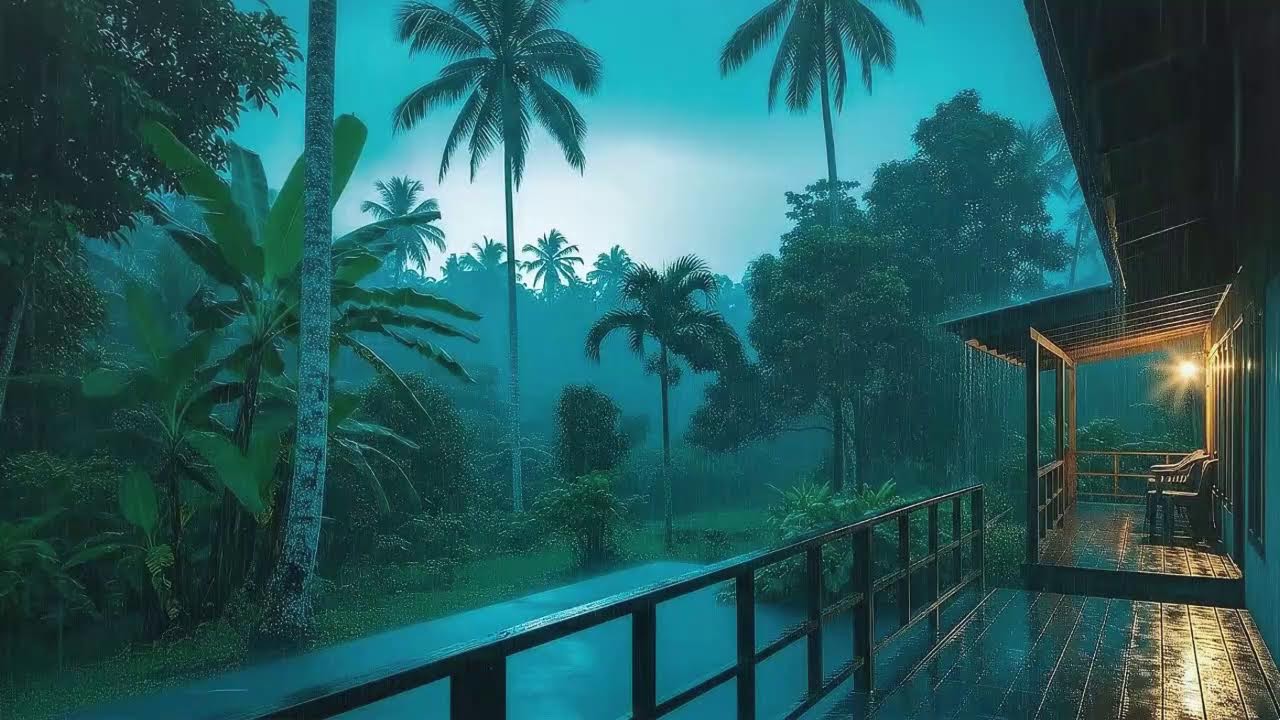 Fall Asleep Fast with Warm Rain Sounds and Low Thunder Murmur at Wooden Cabin Terrace 🌧️