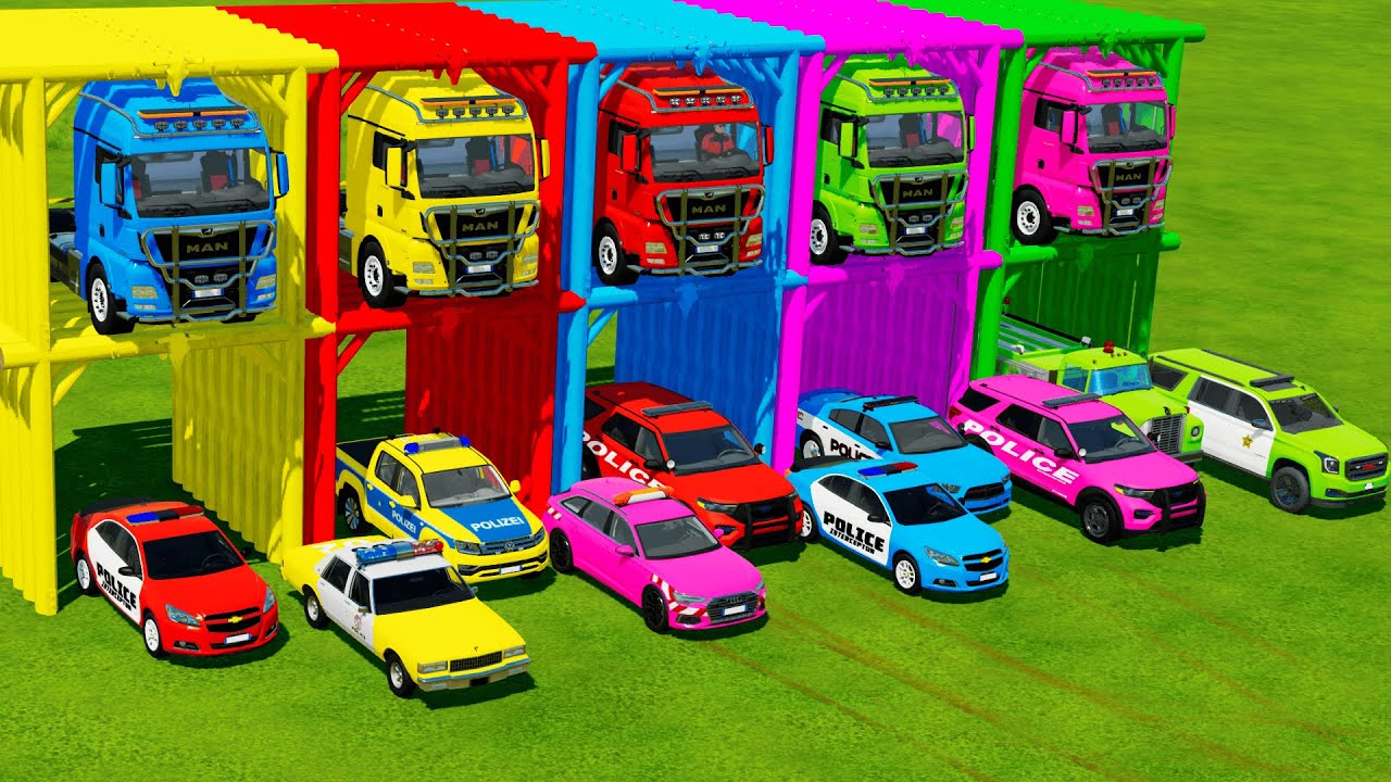 TRANSPORTING POLICE CARS, AMBULANCE, FIRE TRUCK, COLORFUL CARS WITH TRAIN -FARMING SIMULATOR 22!