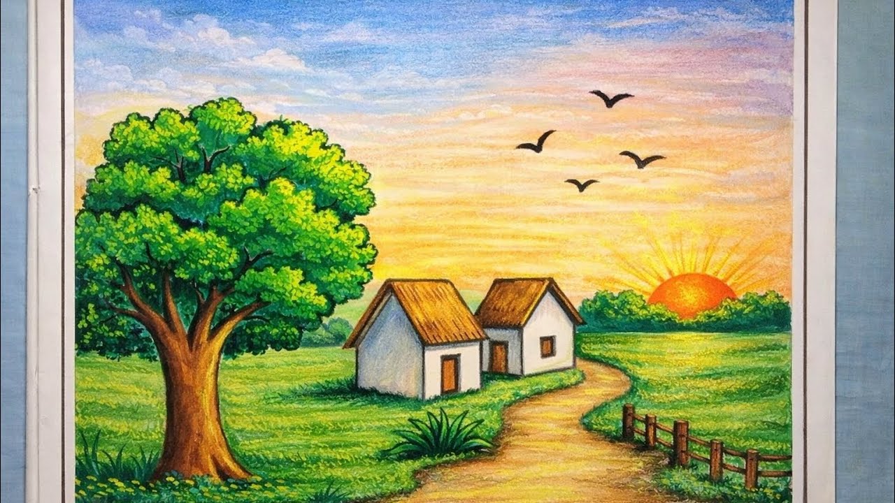 beautiful village drawing With trees || oil pastel drawing 