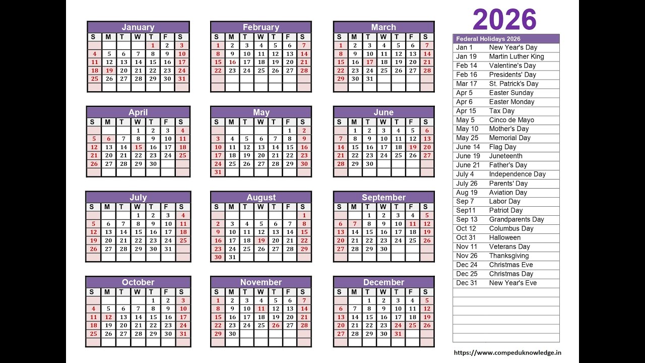 Calendar 2026 with Holidays|Calendar 2026| Indian Festival with Holidays 2026| Compedu Knowledge