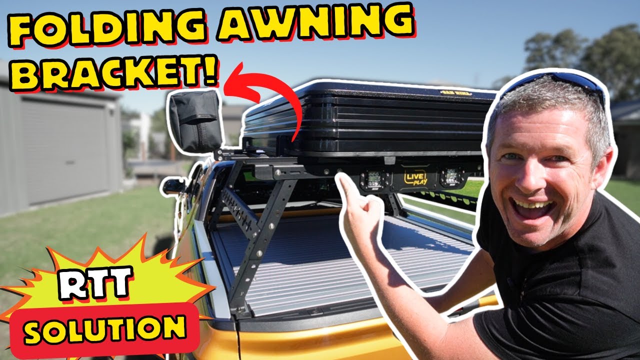 Our Folding 270 degree Awning Bracket solution to a side opening RTT on a Kings Tub Rack!!