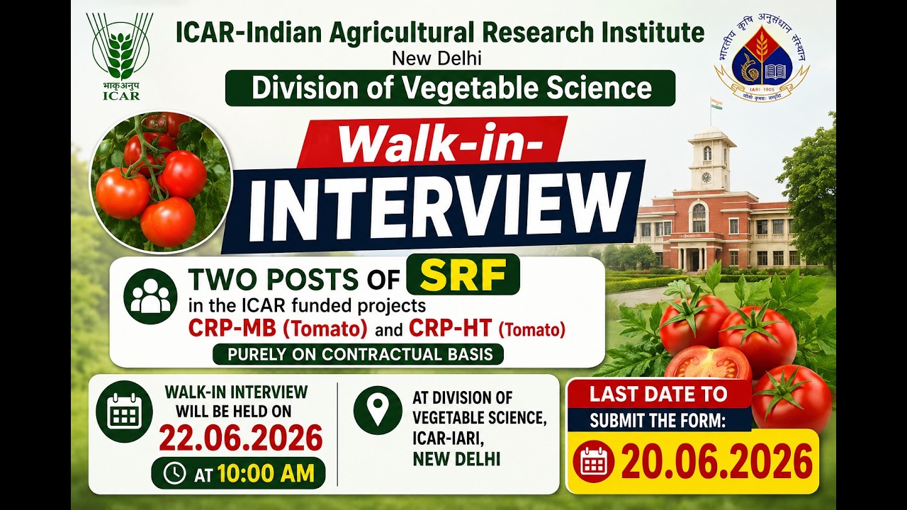 ICAR - SRF Recruitment 2026 | 2 SRF Vacancies in Tomato Projects | Walk-in Interview on 22 June 2026