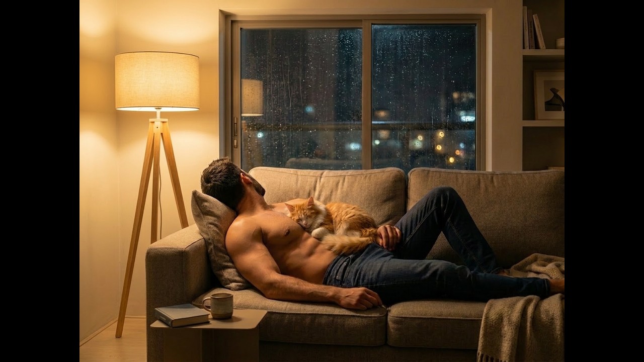 Cat Purring Sleep Ambience | Cute Cat on Handsome Man’s Chest | Rain Sounds (3H) – CatMan Lounge #1