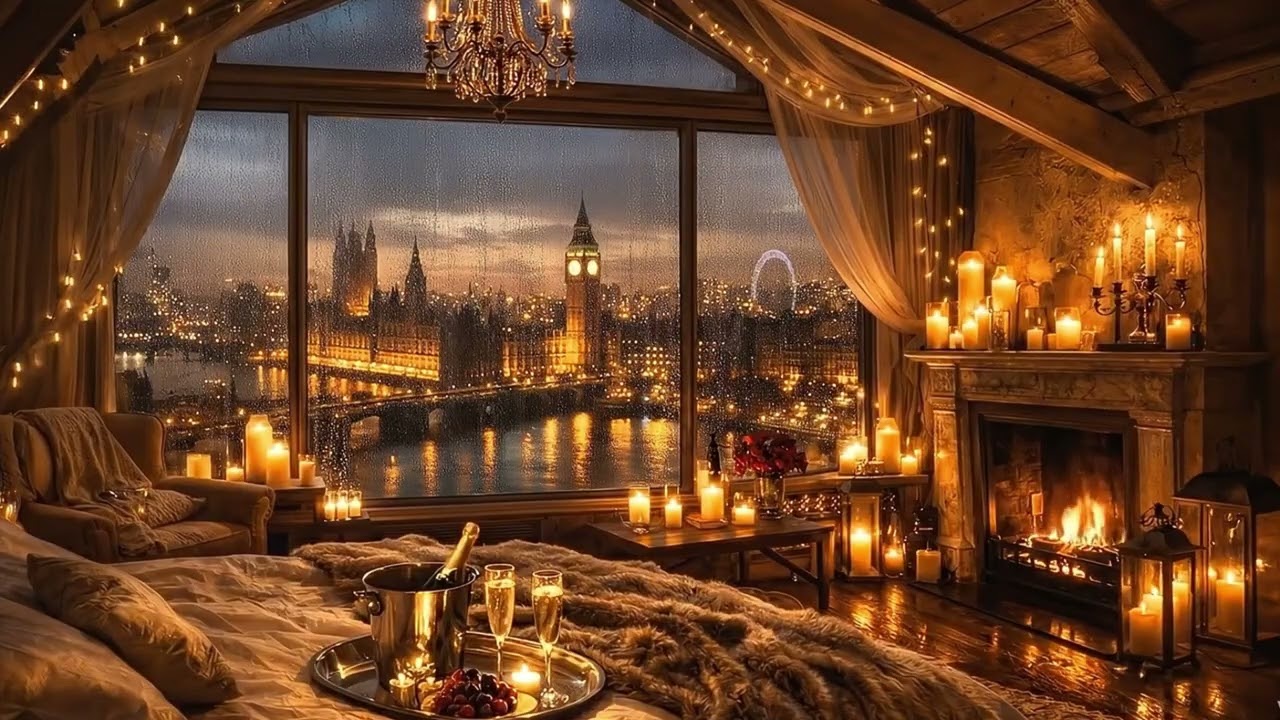 Romantic Bedroom in London Night View 🌆 Soft Romantic Music & Cozy Love Ambience