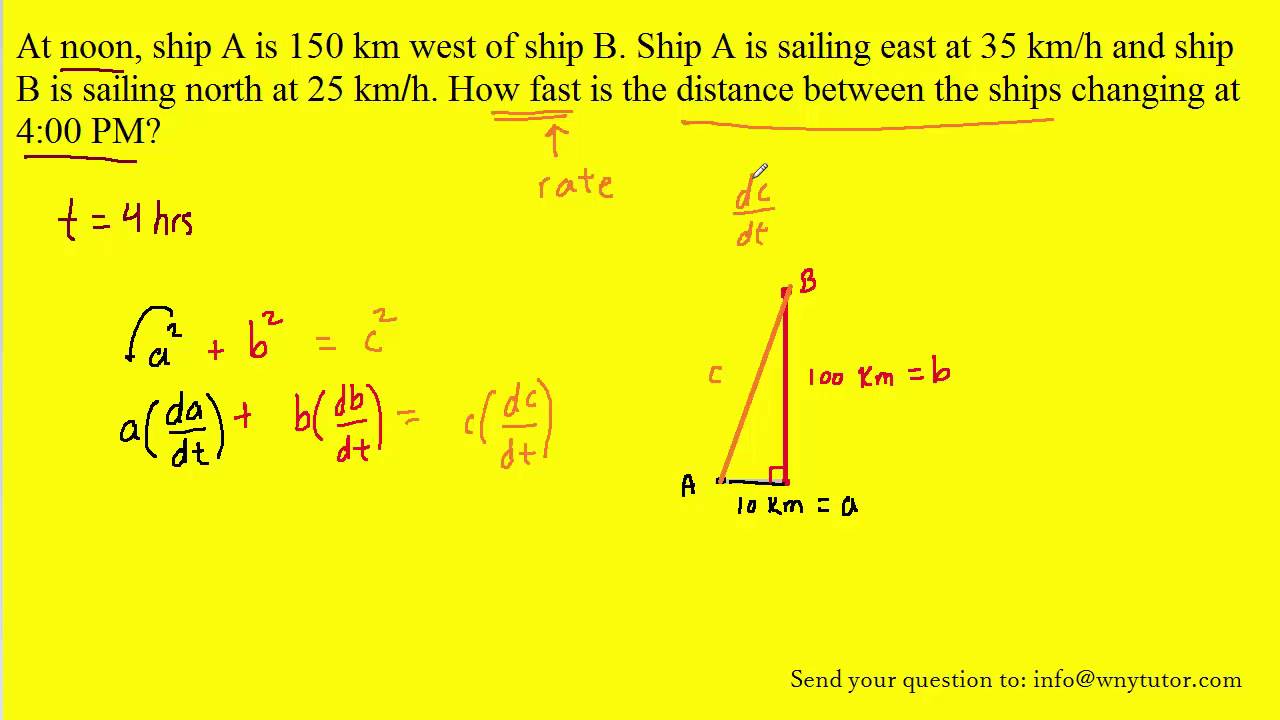 At noon, ship A is 150 km west of ship B. Ship A is sailing east at 35 km/h and ship B is sailing no