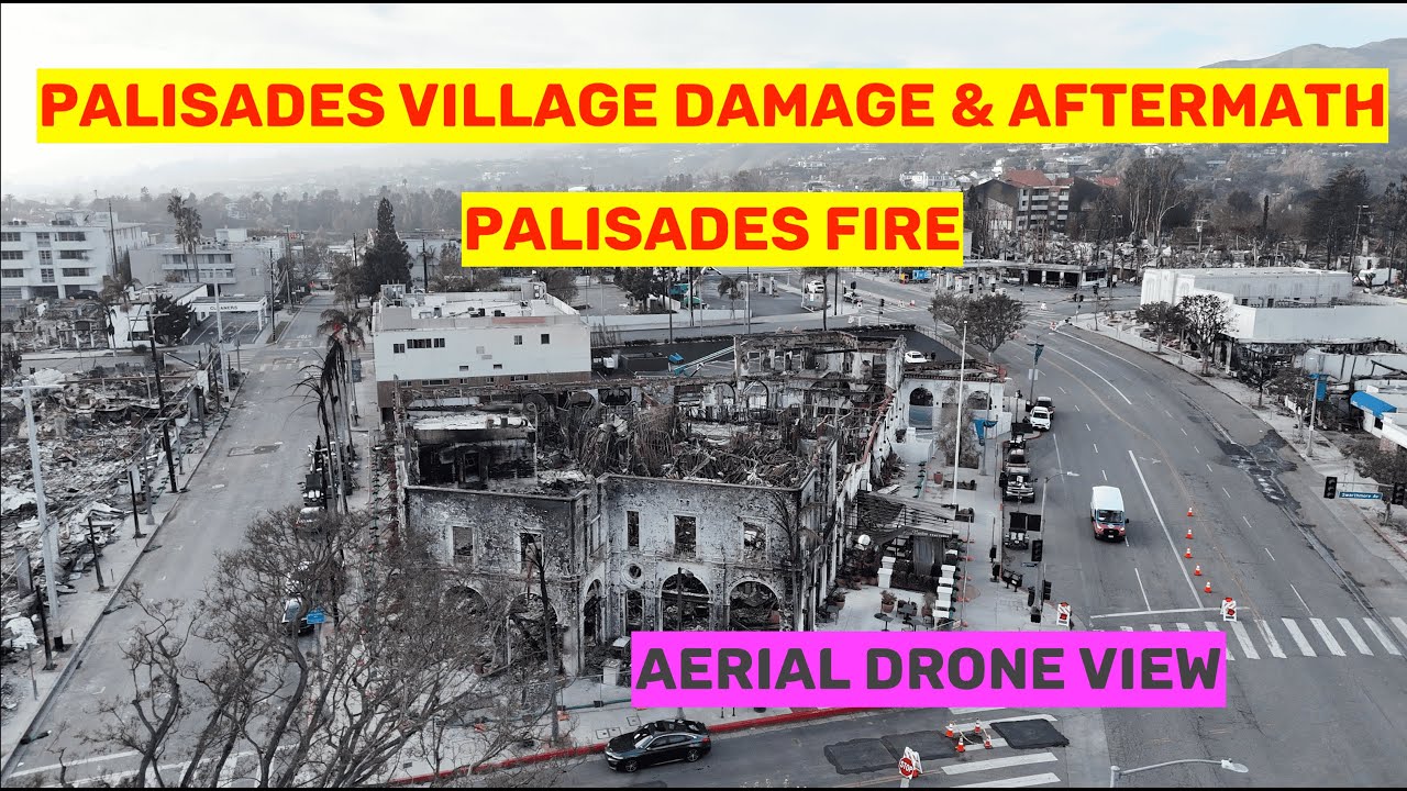 Palisades Village Palisades Fire Damage Aftermath Aerial Drone View Pacific Palisades