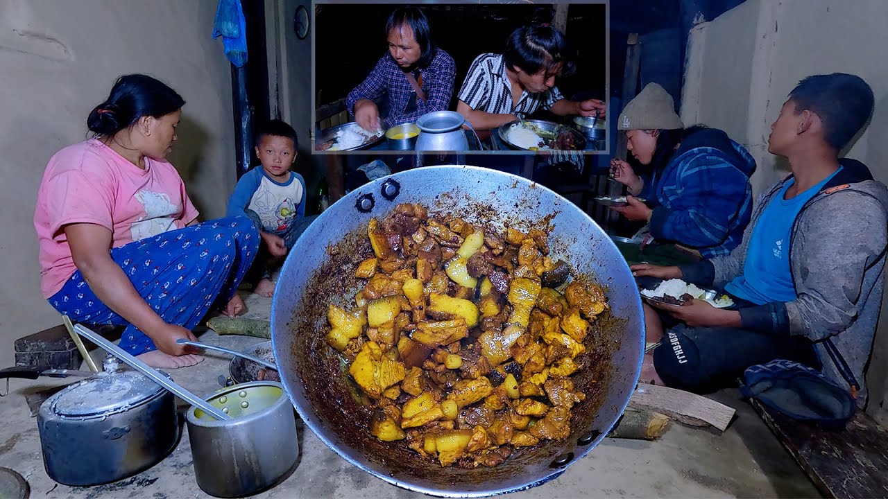 pork at our dinner with villagers in  farm house | village dinner natural cooking @bhumicooking