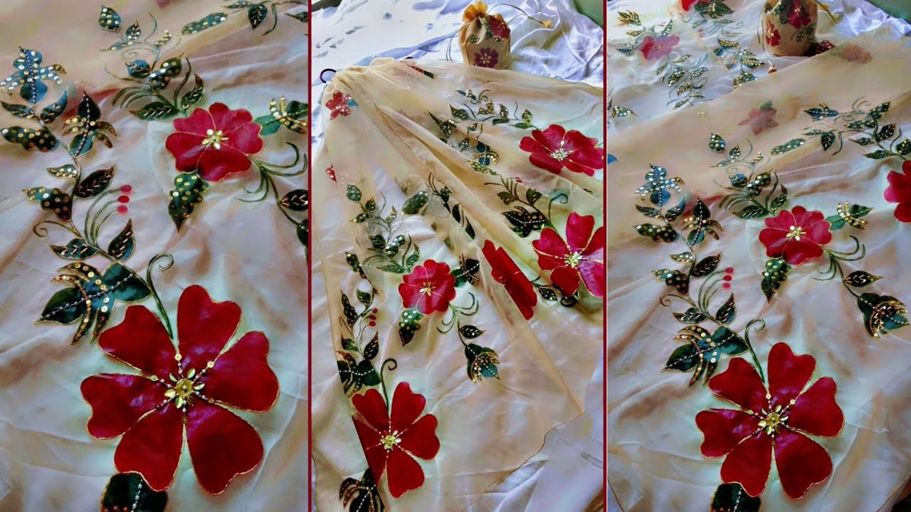 Hand Painted Dupatta Tutorial | Organza Dupatta Painting Step by Step | Fabric Painting for Beginner