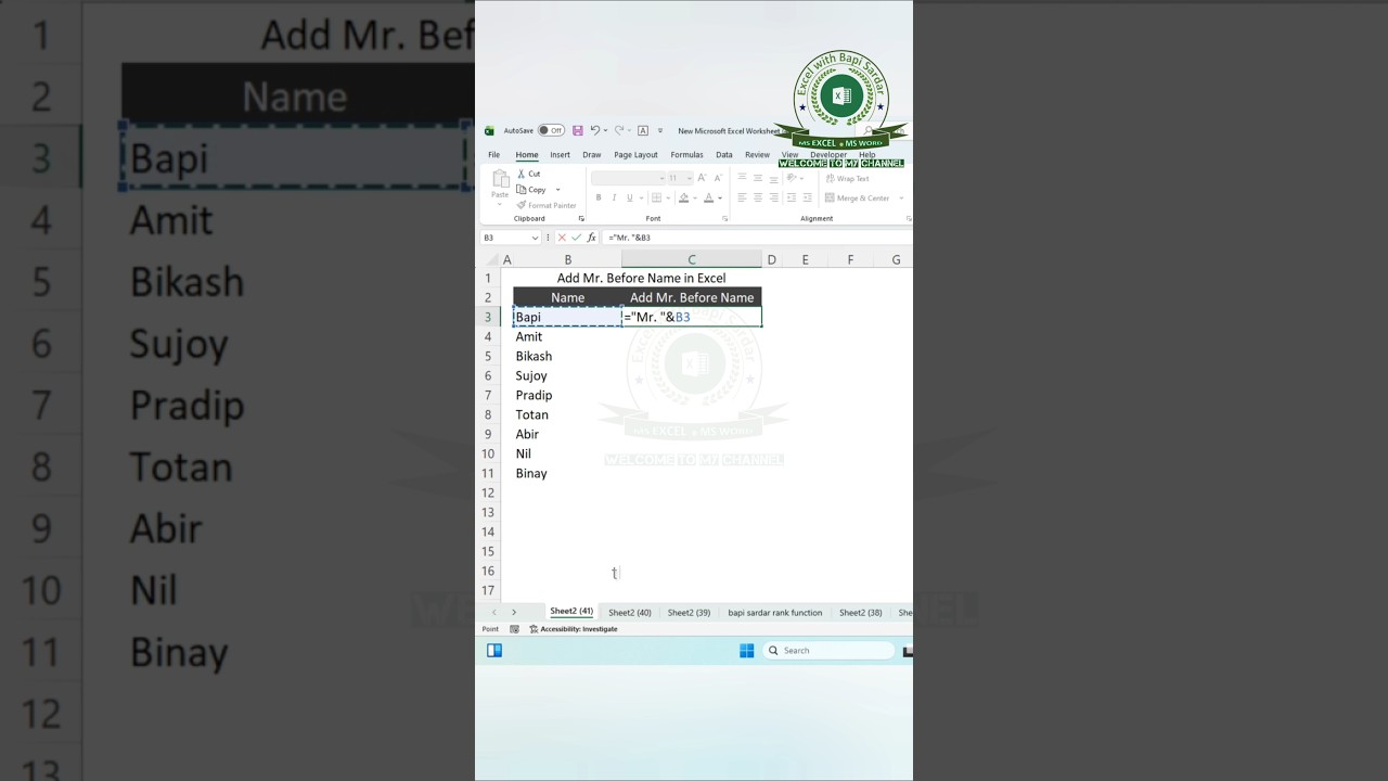 ✨ Add &ldquo;Mr.&rdquo; Before Any Name in Excel! 👨&zwj;💼📊