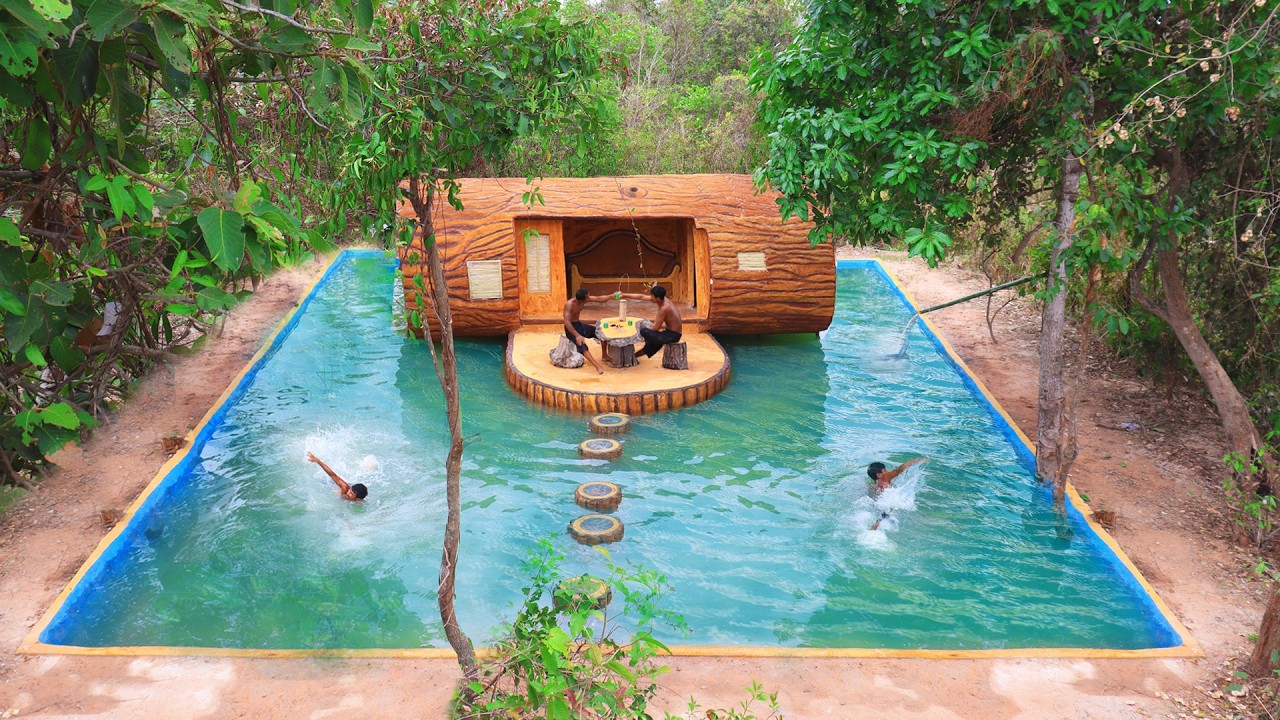 Build Creative a House Inside A Tree Trunk With Big Swimming Pool  In The Forest