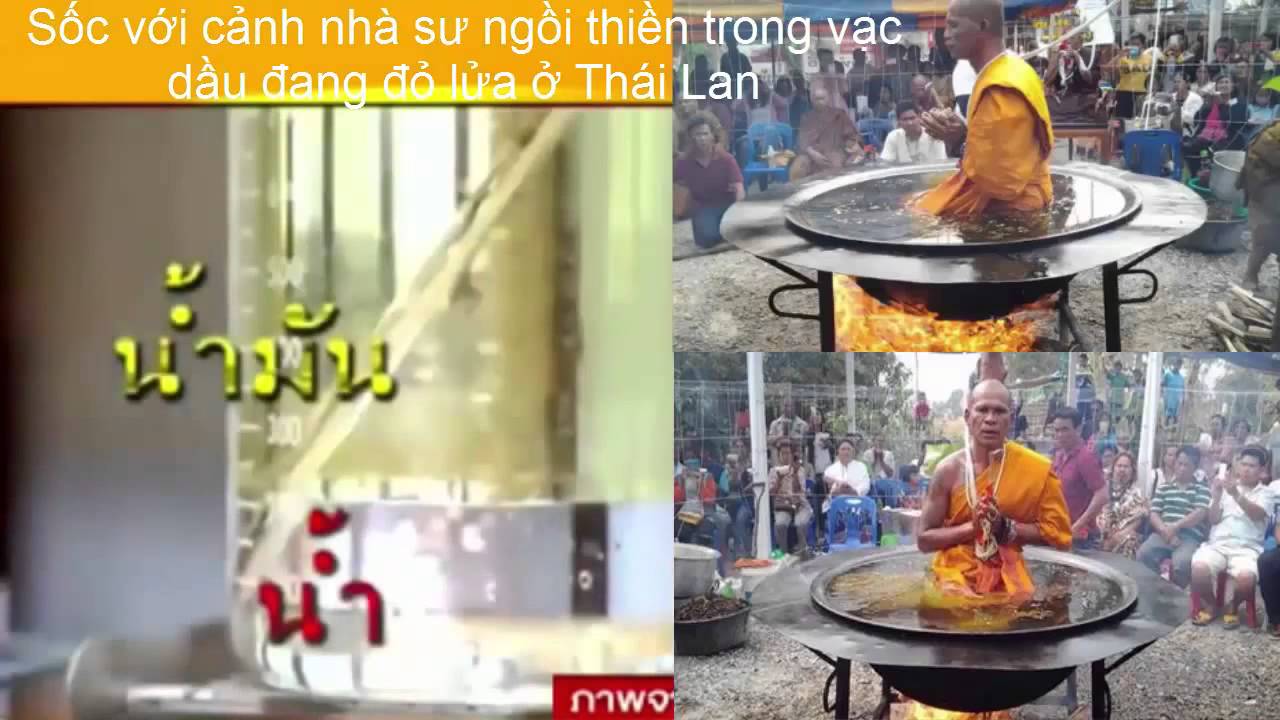Thai Buddhist monks sit in the cauldron of boiling oil